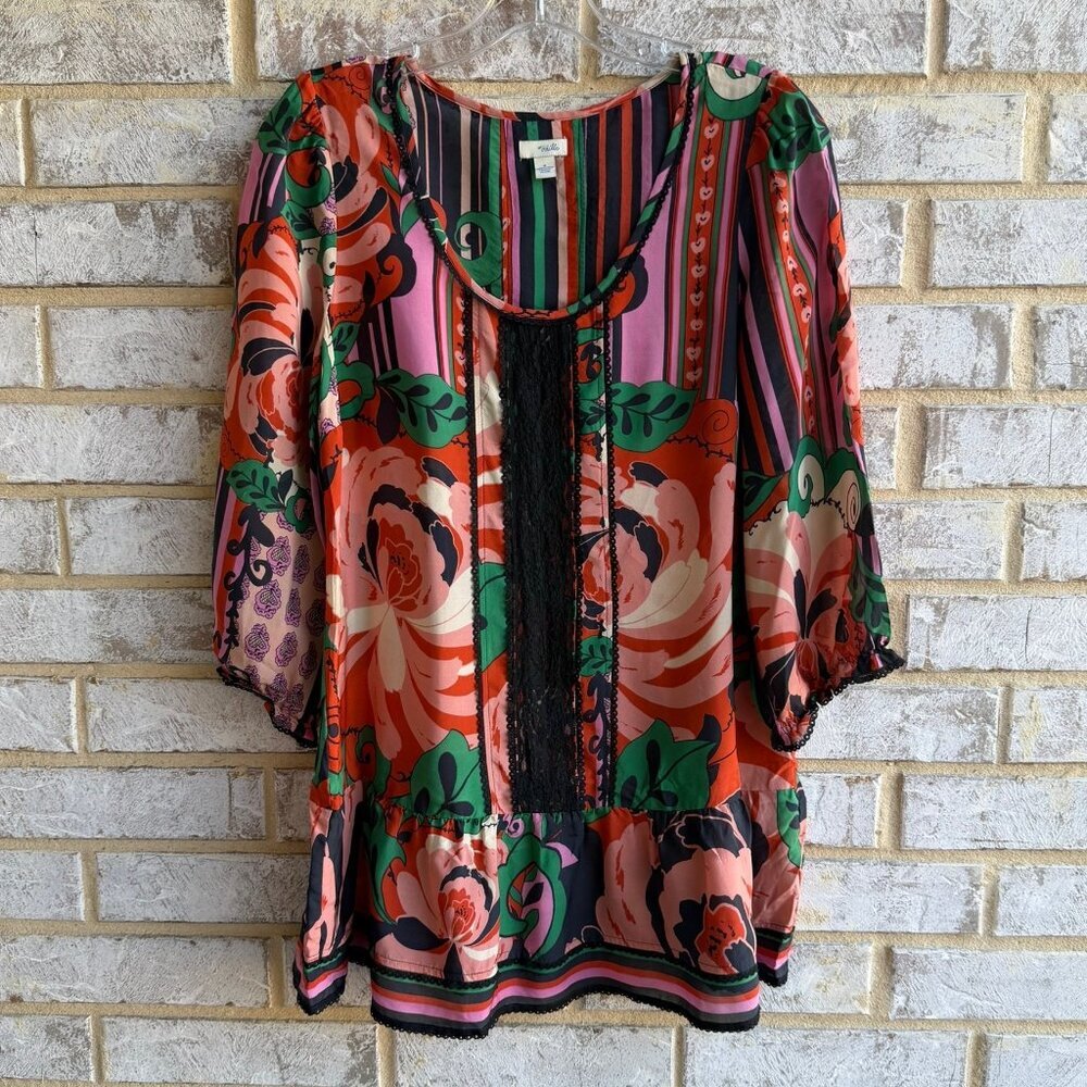 Odille 100% Silk Scoop Neck 3/4 Sleeve Tiered Floral Boho Blouse Women's Size 4